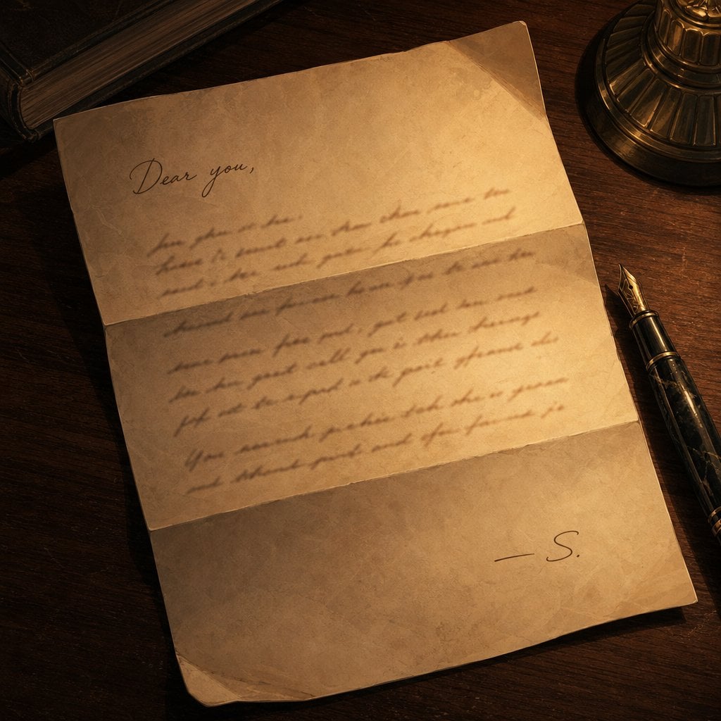 A handwritten letter on aged paper, lit by lamplight