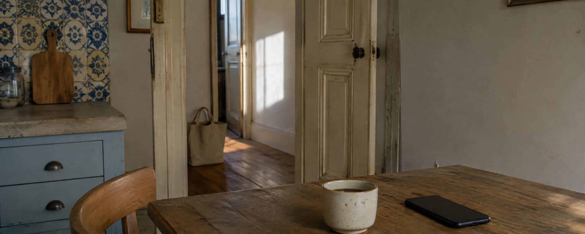 A cup of coffee and a face-down phone on a Lisbon kitchen table beside an open doorway.