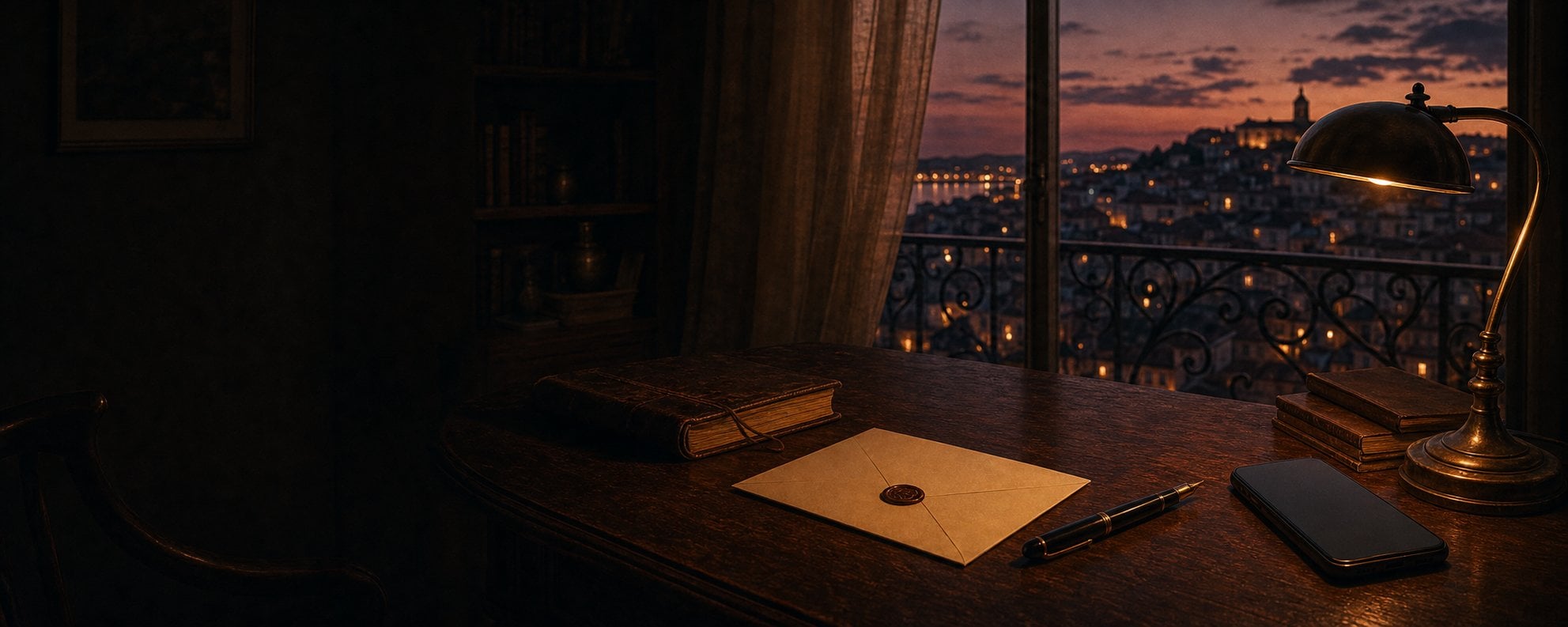 A letter and telephone resting in warm evening light.
