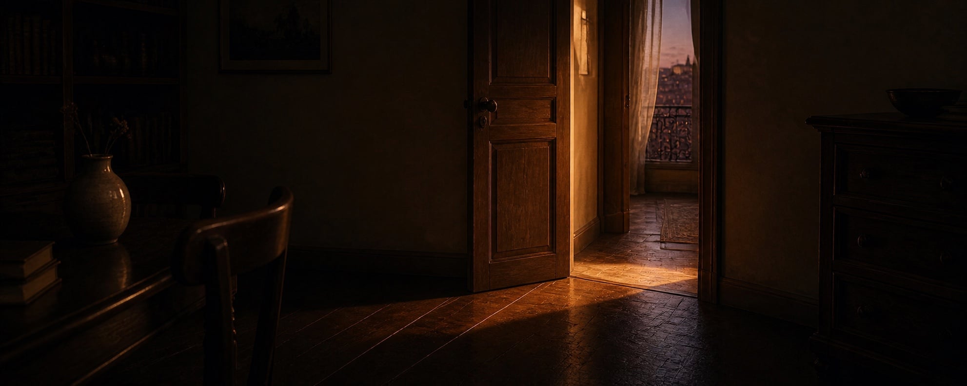 An open door casting warm evening light across a quiet Lisbon room.