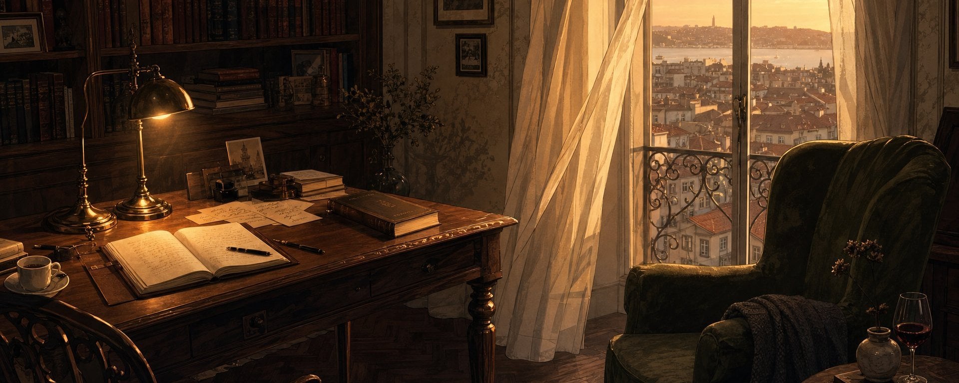 A solitary figure beside a window in warm evening light.